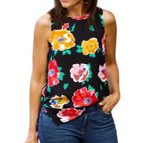 Who What Wear Floral Print Sleeveless Blouse Tank Top Black Multi Size Small - Picture 1 of 15